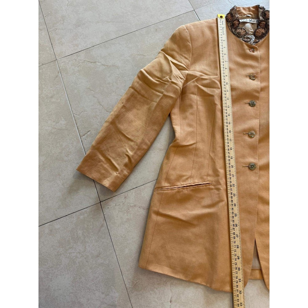 Vintage Tahari Beaded Collar Linen Blend Blazer Jacket Tan Beige Size 14 90s - Picture 8 of 8